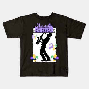 Purple New Orleans Louisiana Mardi Gras City Skyline Music Jazz Travel holidays Kids T-Shirt